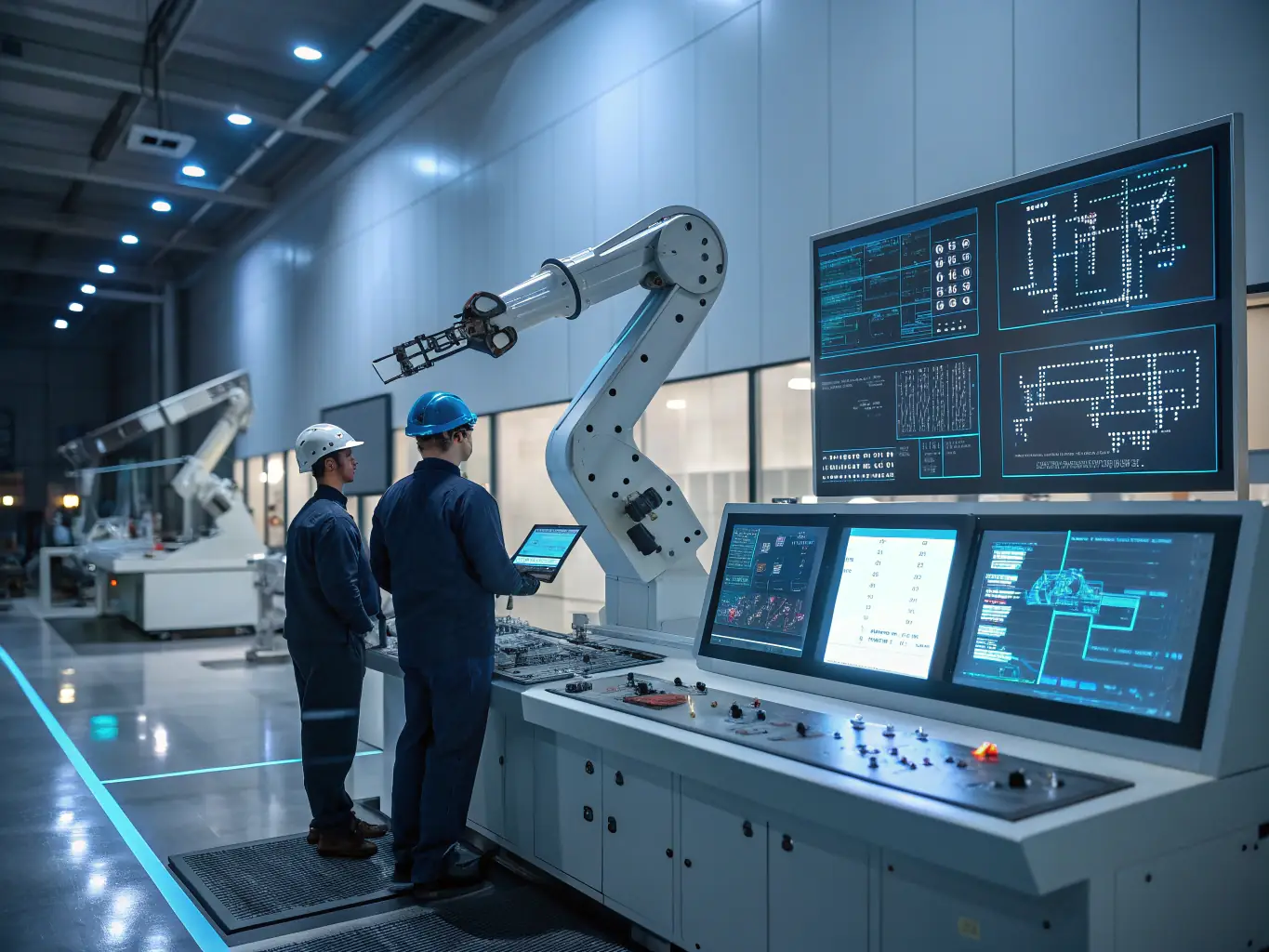 A modern manufacturing plant with automated machinery and workers in safety gear, representing TECHDATA's expertise in enhancing operational efficiency for manufacturing clients.