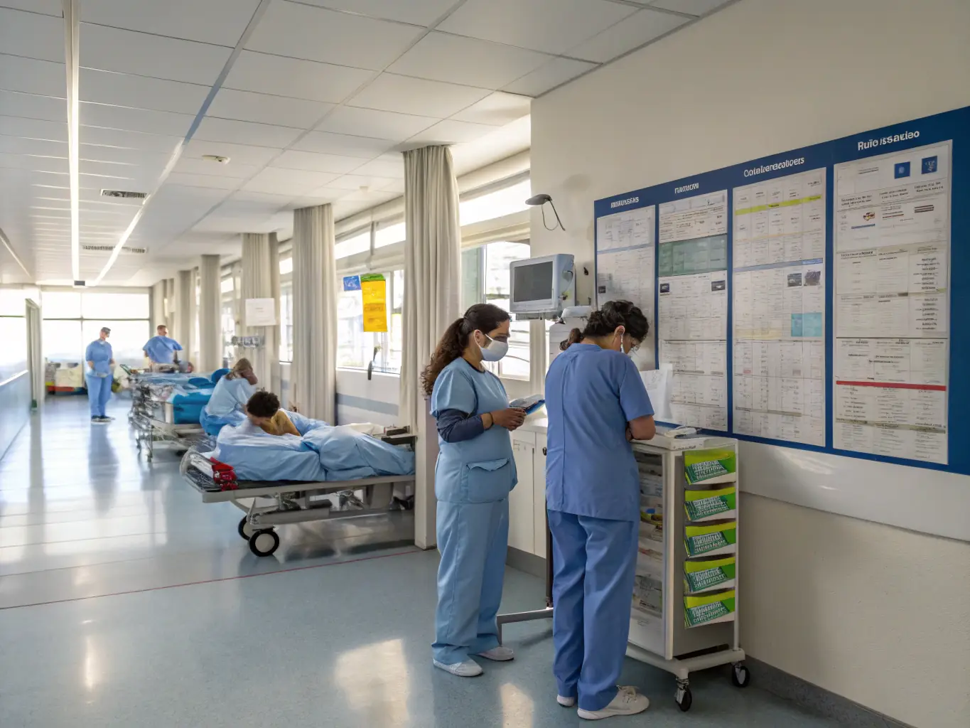 A clean and organized hospital environment with healthcare professionals attending to patients, showcasing TECHDATA's commitment to improving patient care through workforce optimization.