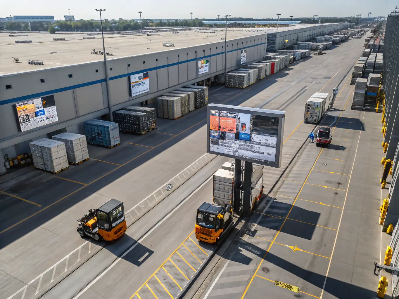 A busy logistics hub with trucks and workers efficiently managing the flow of goods, illustrating TECHDATA's expertise in redesigning supply chain workflows for logistics companies.