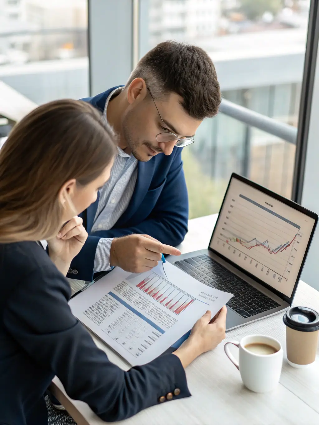 A consultant reviewing financial reports with a client, showcasing TECHDATA's expertise in financial analysis and business strategy.